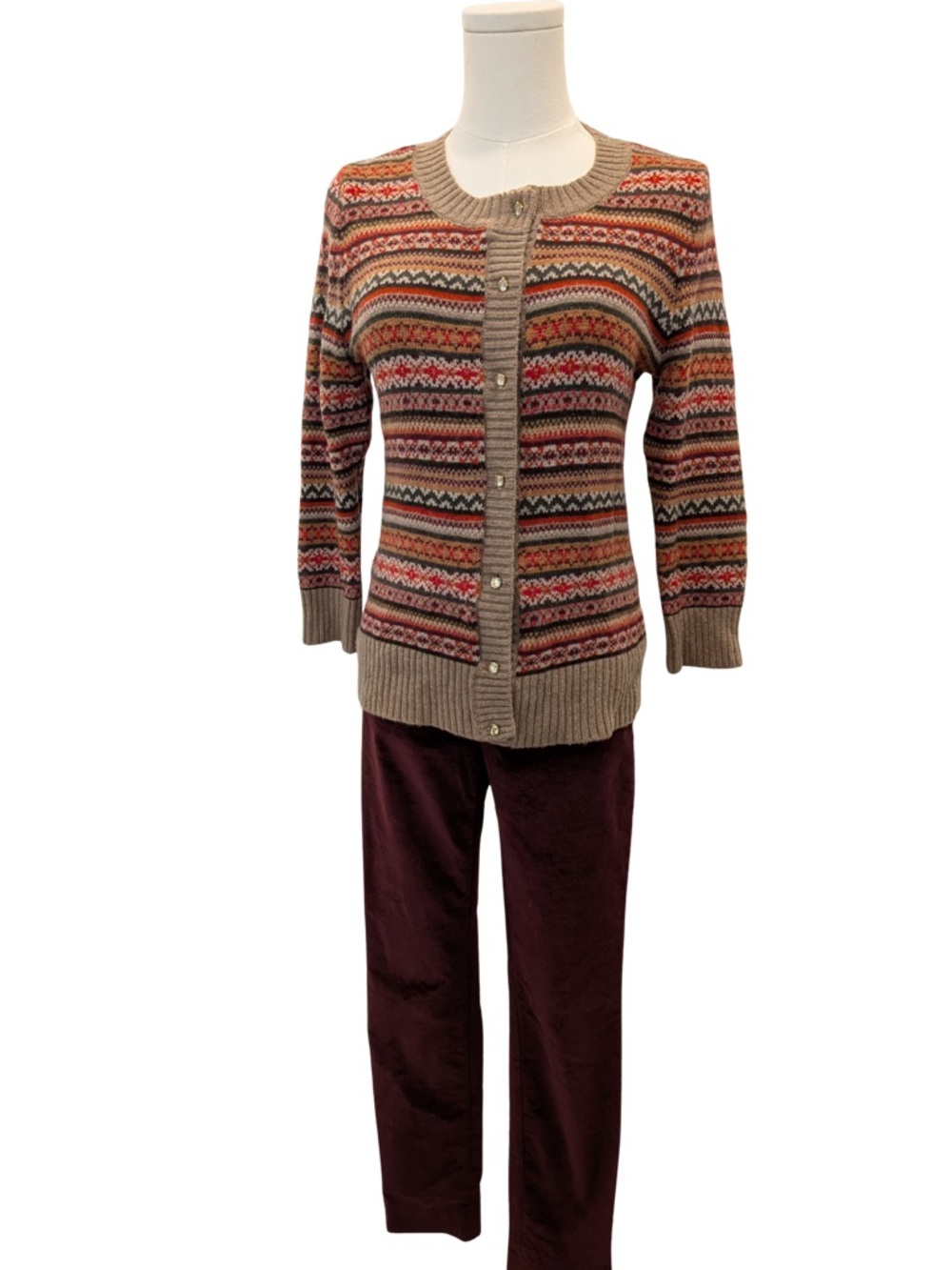 Talbots Beige Multi-Stripe Fair Isle Button Cardigan